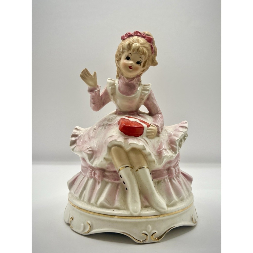 Vintage Lefton Valentine Girl 6.5" Tall Figurine Music Box Adorable RARE HTF